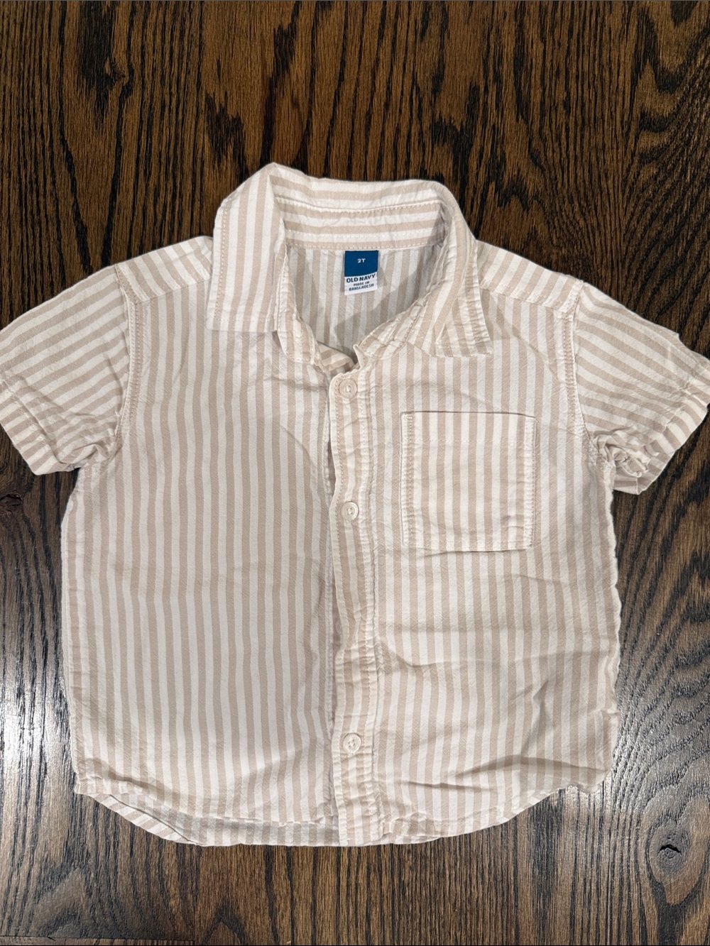 Old Navy Beige and White Striped Short-Sleeve Button-Up Shirt